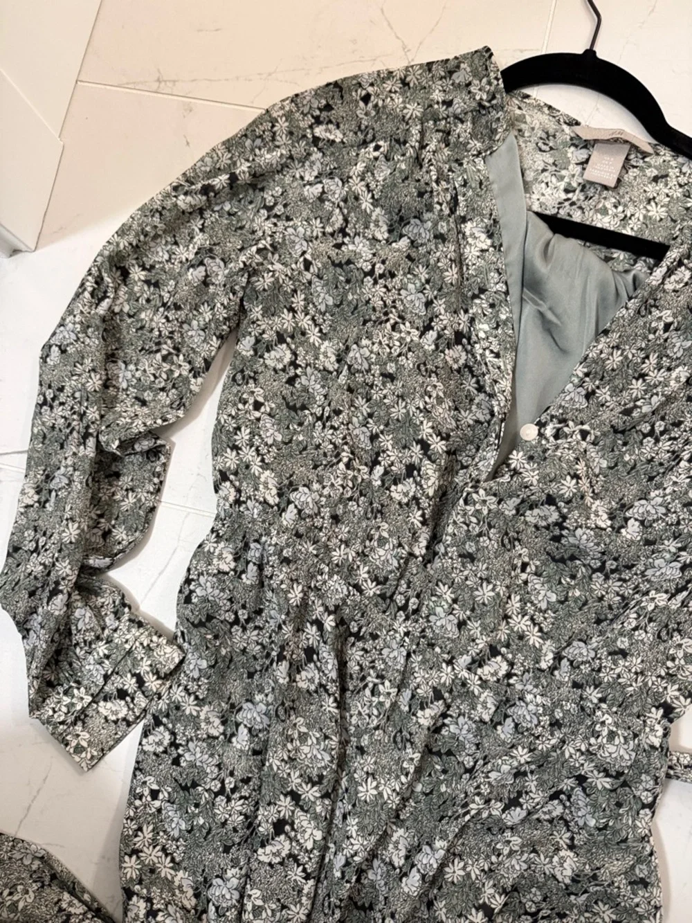 H&M Sage Green Floral Long-Sleeve Wrap Dress